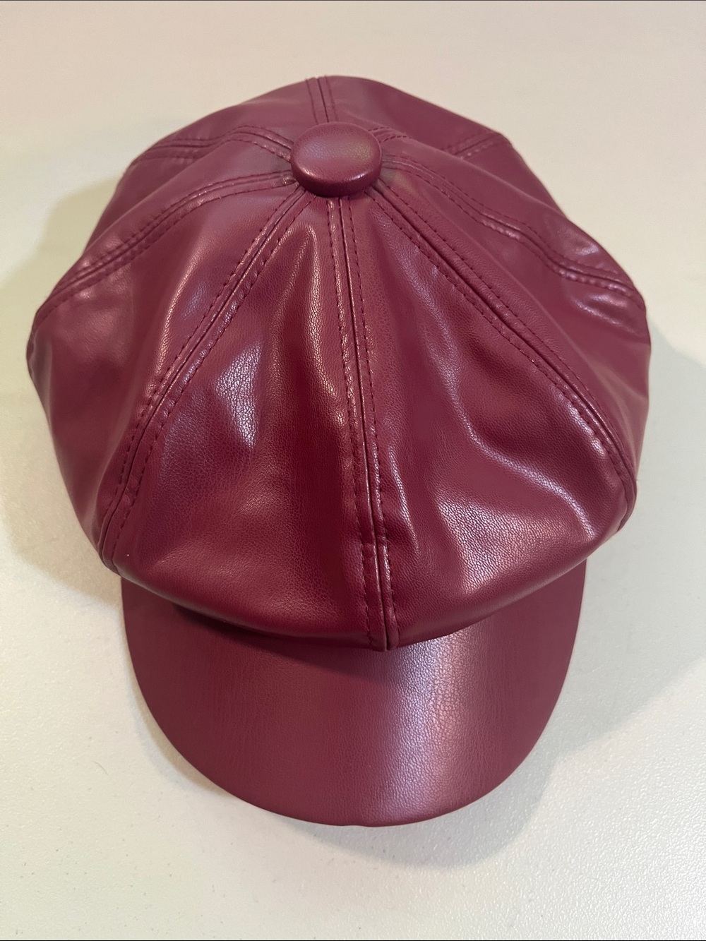 Men's Faux Leather Eight-Panel Newsboy Cap - Wine